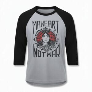 Obey Make Art Not War Graphic Raglan Baseball Tee Gray Black T-Shirt Size Small